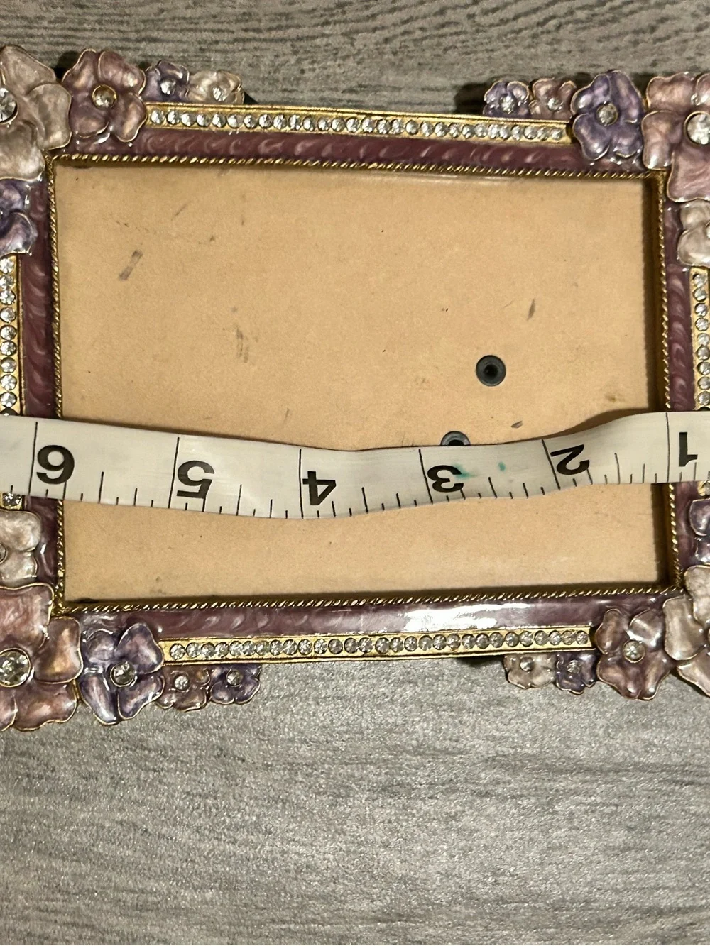 ornate, vintage-style jeweled enamel picture frame featuring a romantic, floral